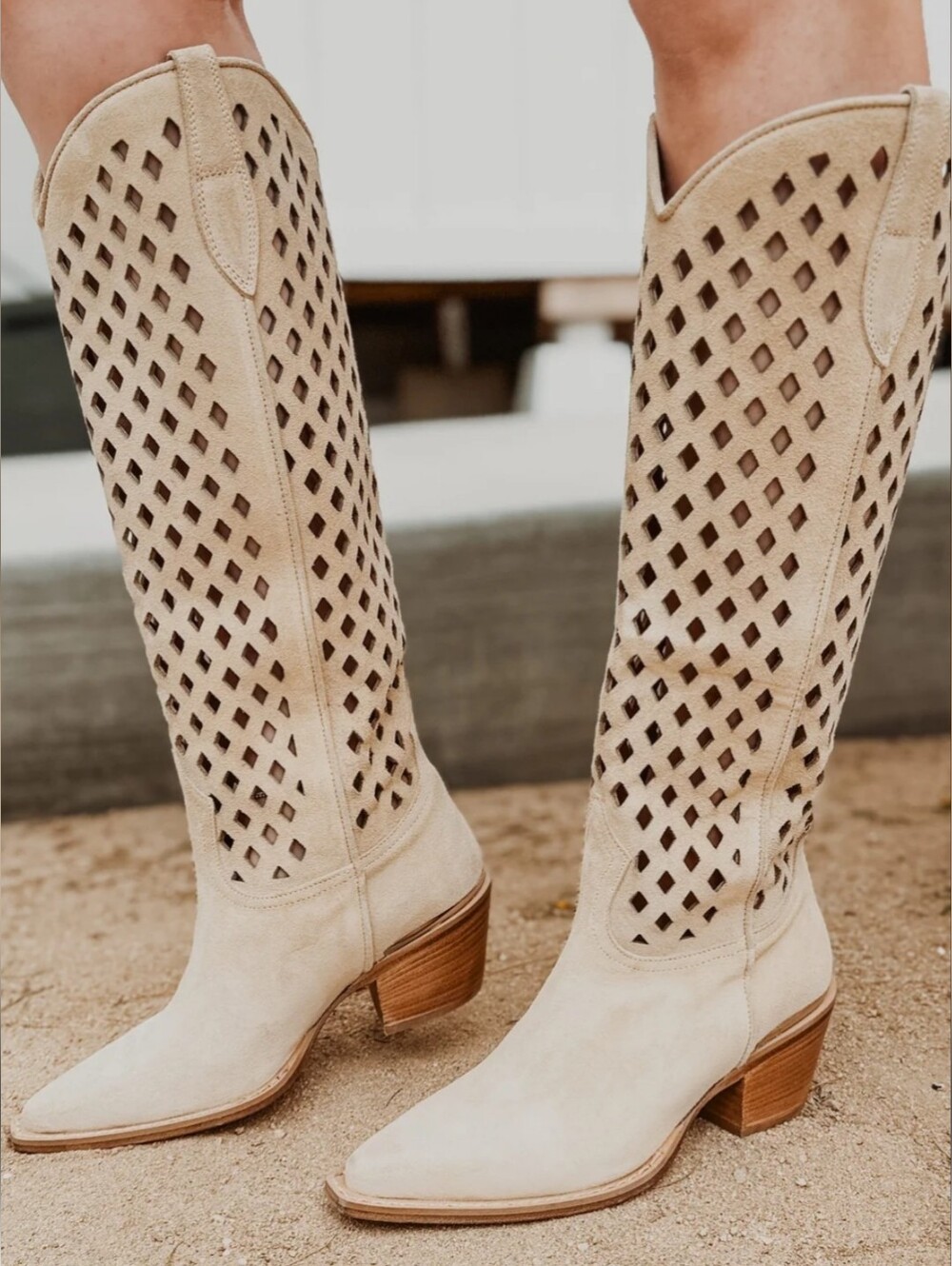 Free People Beige Perforated Suede Mid-Calf Cowboy Boots size 39 (8.5 -9) NWiB